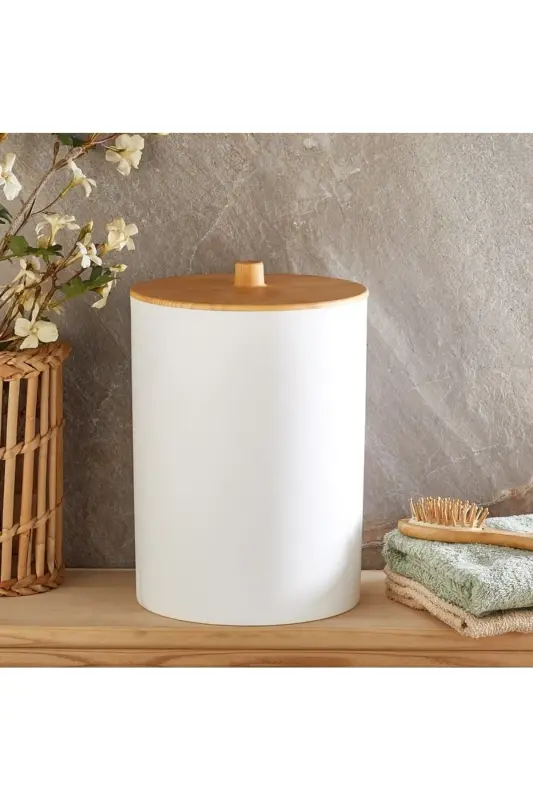 Limpia Bambu Desenli 5'li Banyo Seti Çöp Kovası Sıvı Sabunluk Diş Fırçalık Kutusu Banyo Seti Beyaz - Beyaz - 8