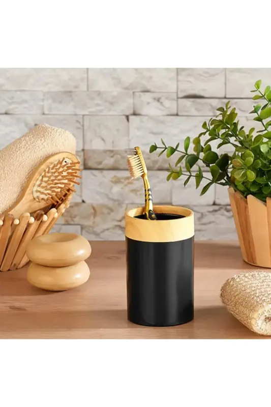 Limpia Bambu Desenli Siyah 5'li Banyo Seti Çöp Kovası, Sıvı Sabunluk, Diş Fırçalık - siyah - 3