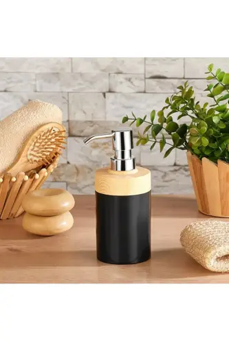 Limpia Bambu Desenli Siyah 5'li Banyo Seti Çöp Kovası, Sıvı Sabunluk, Diş Fırçalık - siyah - 5
