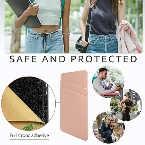 Limvory Phone Wallet, Leather Phone Card Holder Adhesive Stick On Credit Card Pocket for Back of Phone Case for iPhone and Android-White, Pink - 5