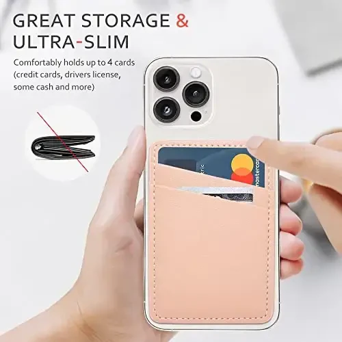 Limvory Phone Wallet, Leather Phone Card Holder Adhesive Stick On Credit Card Pocket for Back of Phone Case for iPhone and Android-White, Pink - 3