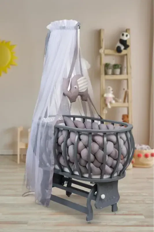 Lina Basket Bassinet Wooden Bassinet Braided Sleeping Set Natural Wooden Bassinet-Gray - TOMMYBABY