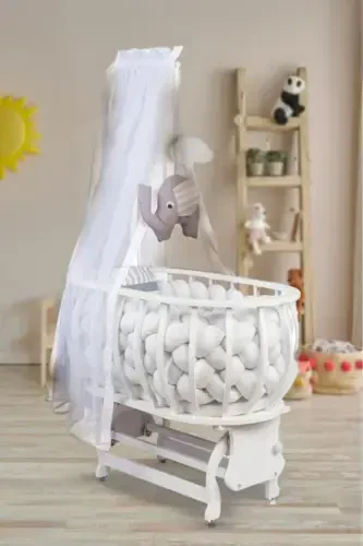 Lina Basket Bassinet Wooden Bassinet Knitted Sleeping Set Natural Wooden Bassinet-White - 1