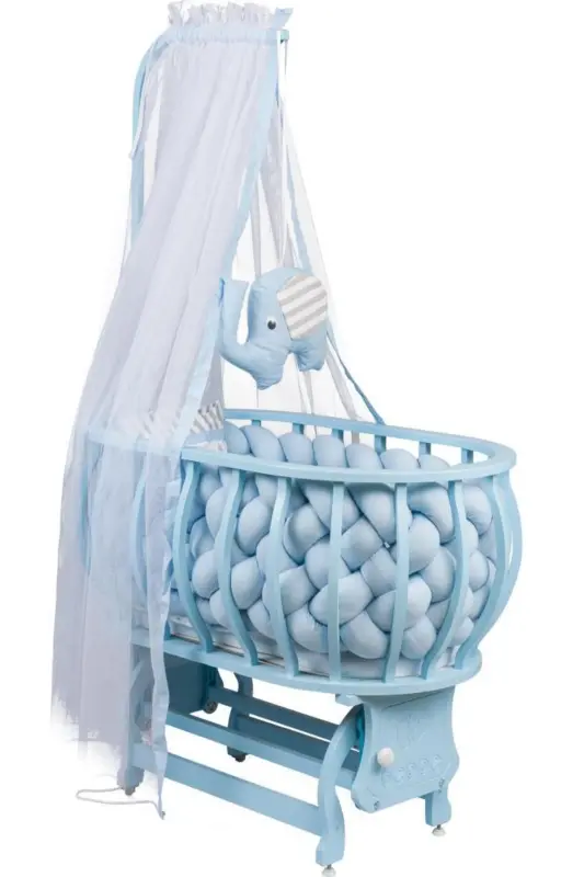 Lina Basket Cradle Wooden Cradle Braided Sleep Set Natural Wooden Cradle-Blue - 2