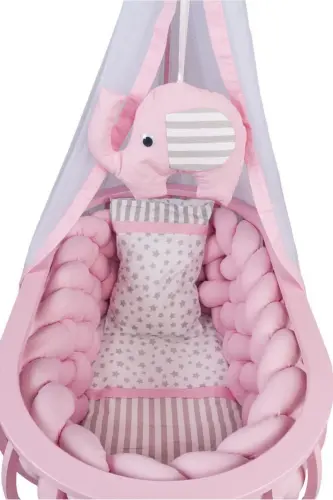 Lina Sepet Beşik Ahşap Beşik Örgülü Uyku Setli Doğal Ahşap Beşik-Pembe - TOMMYBABY (1)