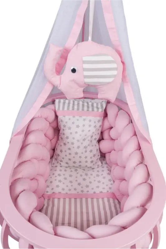 Lina Sepet Beşik Ahşap Beşik Örgülü Uyku Setli Doğal Ahşap Beşik-Pembe - 2