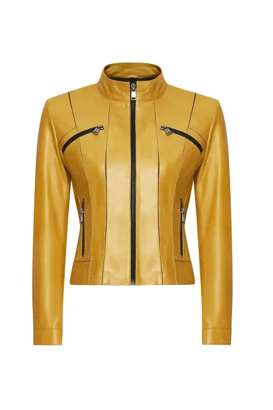 Linda Woman Yellow Short Leather Jacket 24WGD5200U4-LEMON - DERIMOD