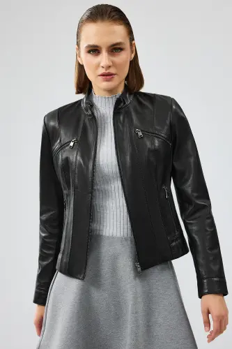 Linda Women's Black Short Leather Jacket 24WGD5200U4 - 4