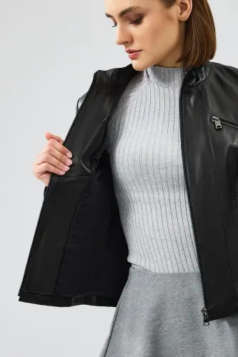 Linda Women's Black Short Leather Jacket 24WGD5200U4 - 9
