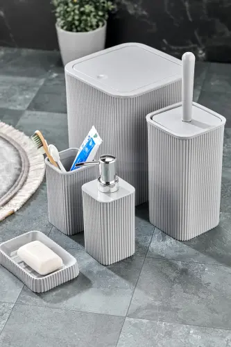 Line 5 Parça Kare Banyo Seti - Çöp Kovası WC Fırçası Sıvı-Katı Sabunluk Diş Fırçası - Gri - 5