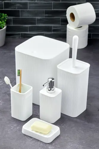 Line 5 Parça Kare Banyo Seti - Çöp Kovası WC Fırçası Sıvı-Katı Sabunluk Diş Fırçası - Beyaz 