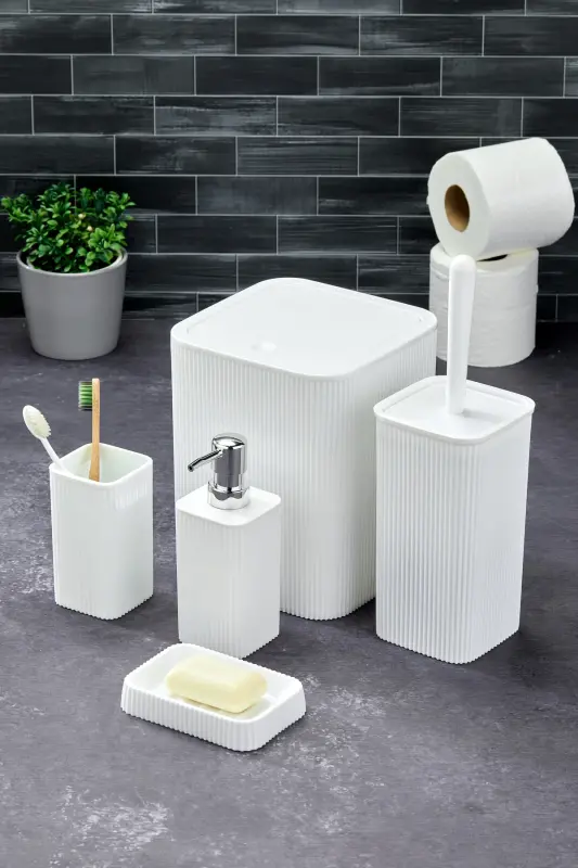 Line 5 Parça Kare Banyo Seti - Çöp Kovası WC Fırçası Sıvı-Katı Sabunluk Diş Fırçası - Beyaz - 2