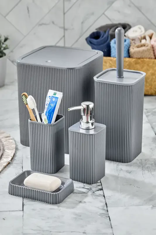 Line 5 Piece Square Bathroom Set - Trash Can Toilet Brush Liquid-Solid Soap Dispenser Toothbrush - Anthracite - HOMIE