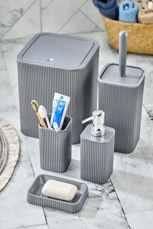 Line 5 Piece Square Bathroom Set - Trash Can Toilet Brush Liquid-Solid Soap Dispenser Toothbrush - Anthracite - 2