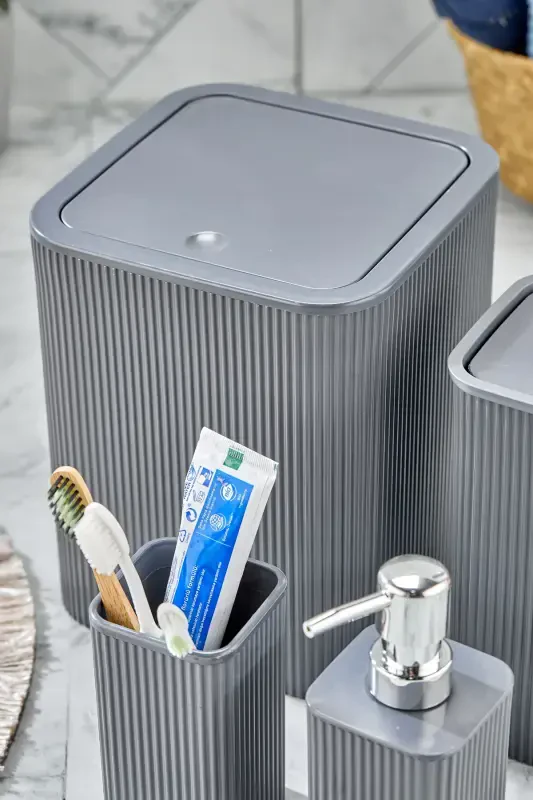 Line 5 Piece Square Bathroom Set - Trash Can Toilet Brush Liquid-Solid Soap Dispenser Toothbrush - Anthracite - 3