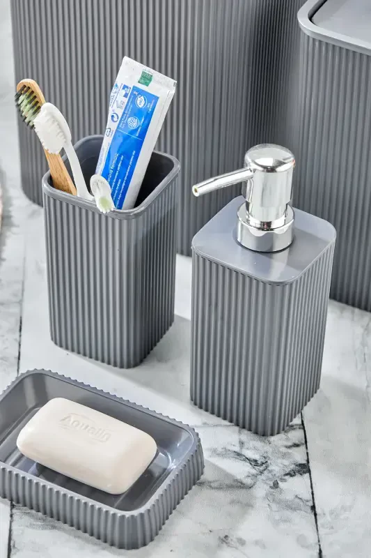 Line 5 Piece Square Bathroom Set - Trash Can Toilet Brush Liquid-Solid Soap Dispenser Toothbrush - Anthracite - 5
