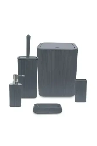 Line 5 Piece Square Bathroom Set - Trash Can Toilet Brush Liquid-Solid Soap Dispenser Toothbrush - Anthracite - 6