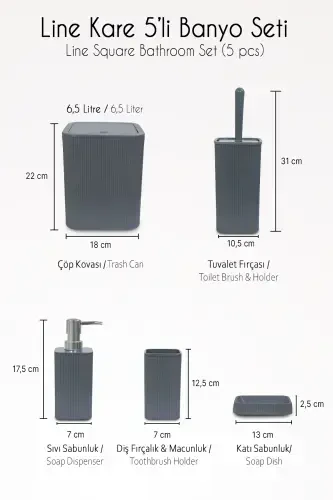 Line 5 Piece Square Bathroom Set - Trash Can Toilet Brush Liquid-Solid Soap Dispenser Toothbrush - Anthracite - 7