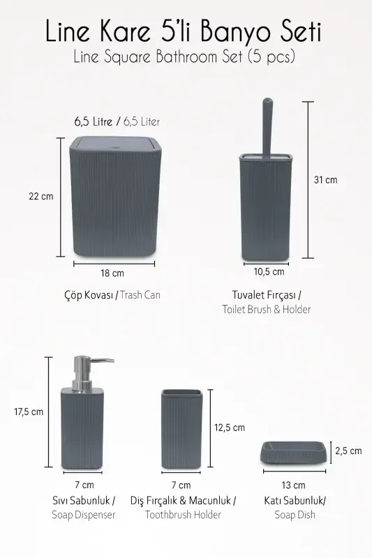 Line 5 Piece Square Bathroom Set - Trash Can Toilet Brush Liquid-Solid Soap Dispenser Toothbrush - Anthracite - 7
