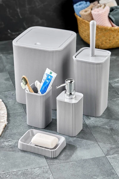Line 5 Piece Square Bathroom Set - Trash Can, Toilet Brush, Liquid-Solid Soap Dispenser, Toothbrush Holder - HOMIE