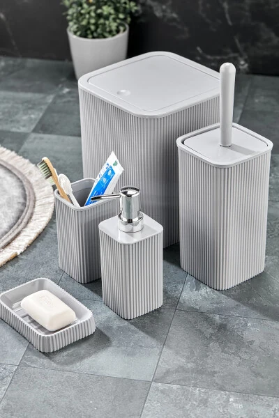 Line 5 Piece Square Bathroom Set - Trash Can, Toilet Brush, Liquid-Solid Soap Dispenser, Toothbrush Holder - HOMIE (1)