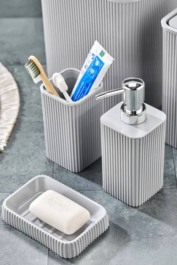 Line 5 Piece Square Bathroom Set - Trash Can, Toilet Brush, Liquid-Solid Soap Dispenser, Toothbrush Holder - 5