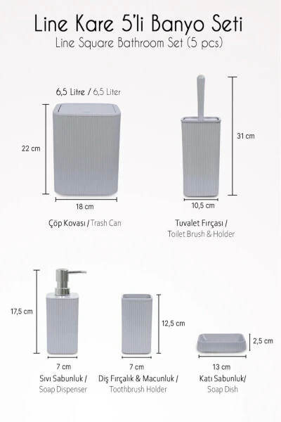 Line 5 Piece Square Bathroom Set - Trash Can, Toilet Brush, Liquid-Solid Soap Dispenser, Toothbrush Holder - 7