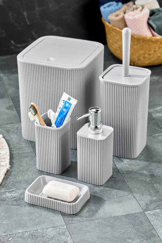 Line 5 Piece Square Bathroom Set - Trash Can, Toilet Brush, Liquid-Solid Soap Dispenser, Toothbrush Holder - 4