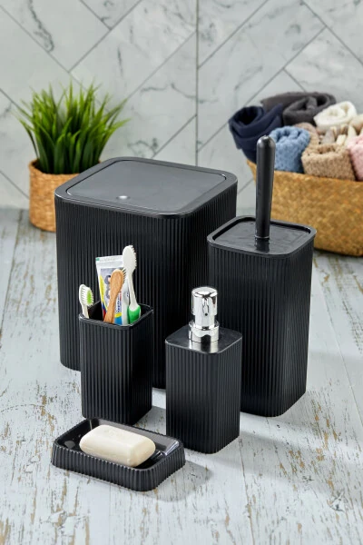 Line 5 Piece Square Bathroom Set - Trash Can, Toilet Brush, Liquid-Solid Soap Dispenser, Toothbrush Holder - HOMIE