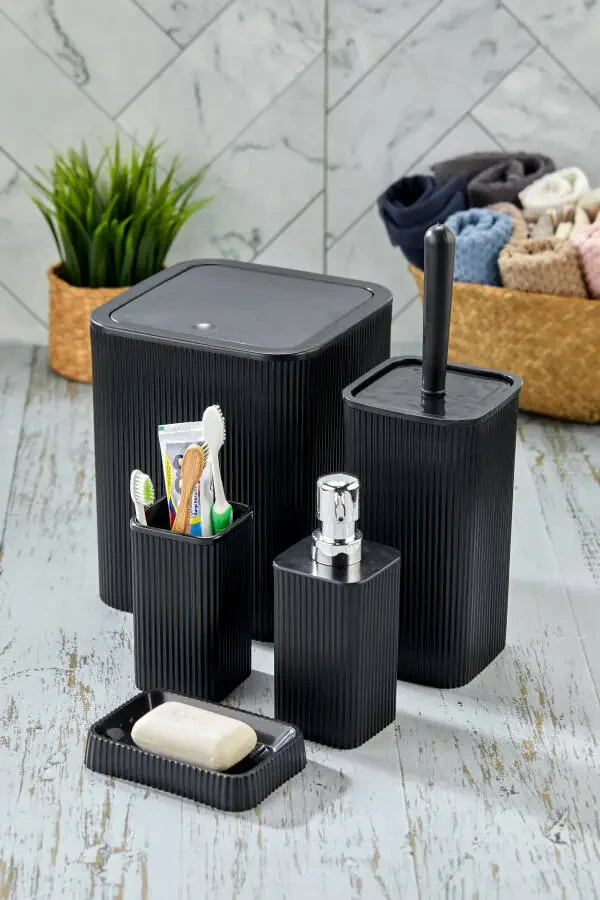 Line 5 Piece Square Bathroom Set - Trash Can, Toilet Brush, Liquid-Solid Soap Dispenser, Toothbrush Holder - 1