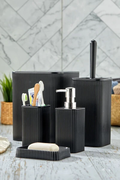 Line 5 Piece Square Bathroom Set - Trash Can, Toilet Brush, Liquid-Solid Soap Dispenser, Toothbrush Holder - HOMIE (1)