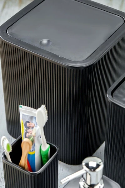 Line 5 Piece Square Bathroom Set - Trash Can, Toilet Brush, Liquid-Solid Soap Dispenser, Toothbrush Holder - 3