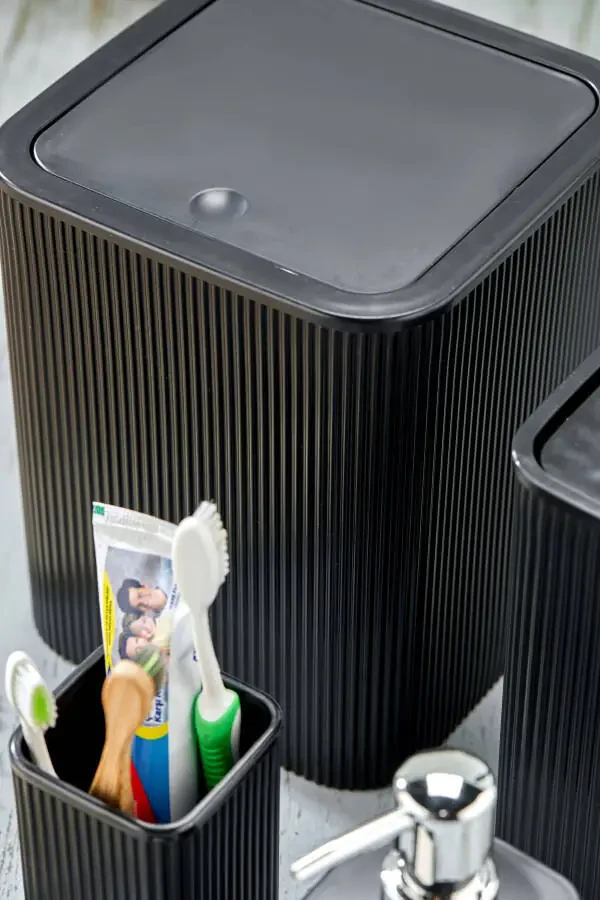 Line 5 Piece Square Bathroom Set - Trash Can, Toilet Brush, Liquid-Solid Soap Dispenser, Toothbrush Holder - 3