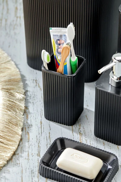 Line 5 Piece Square Bathroom Set - Trash Can, Toilet Brush, Liquid-Solid Soap Dispenser, Toothbrush Holder - 5