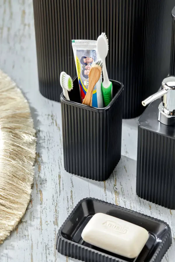 Line 5 Piece Square Bathroom Set - Trash Can, Toilet Brush, Liquid-Solid Soap Dispenser, Toothbrush Holder - 5