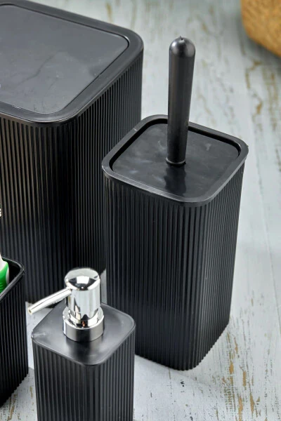 Line 5 Piece Square Bathroom Set - Trash Can, Toilet Brush, Liquid-Solid Soap Dispenser, Toothbrush Holder - 6