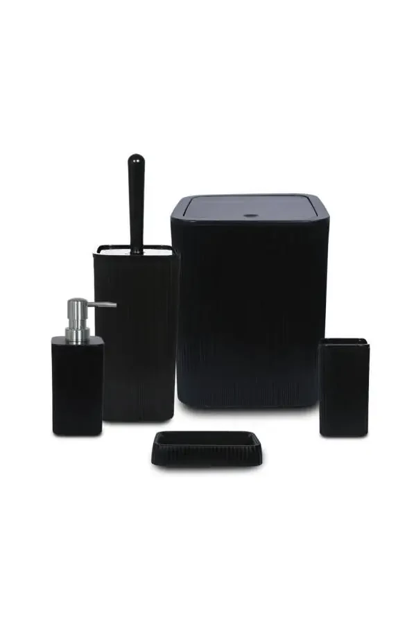 Line 5 Piece Square Bathroom Set - Trash Can, Toilet Brush, Liquid-Solid Soap Dispenser, Toothbrush Holder - 7