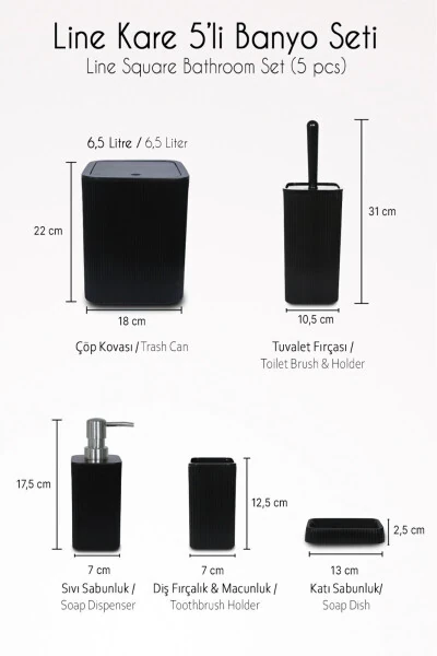 Line 5 Piece Square Bathroom Set - Trash Can, Toilet Brush, Liquid-Solid Soap Dispenser, Toothbrush Holder - 8