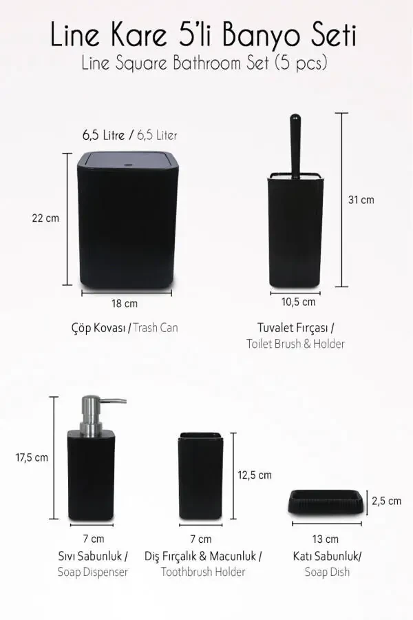 Line 5 Piece Square Bathroom Set - Trash Can, Toilet Brush, Liquid-Solid Soap Dispenser, Toothbrush Holder - 8