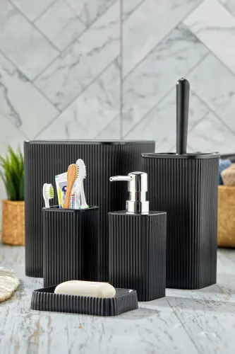 Line 5 Piece Square Bathroom Set - Trash Can, Toilet Brush, Liquid-Solid Soap Dispenser, Toothbrush Holder - 3