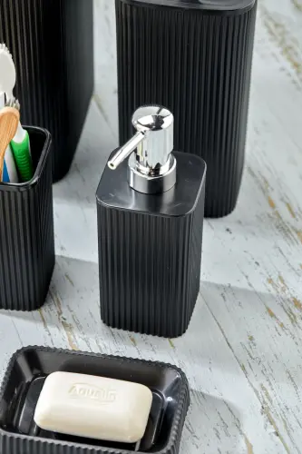 Line 5 Piece Square Bathroom Set - Trash Can, Toilet Brush, Liquid-Solid Soap Dispenser, Toothbrush Holder - 5