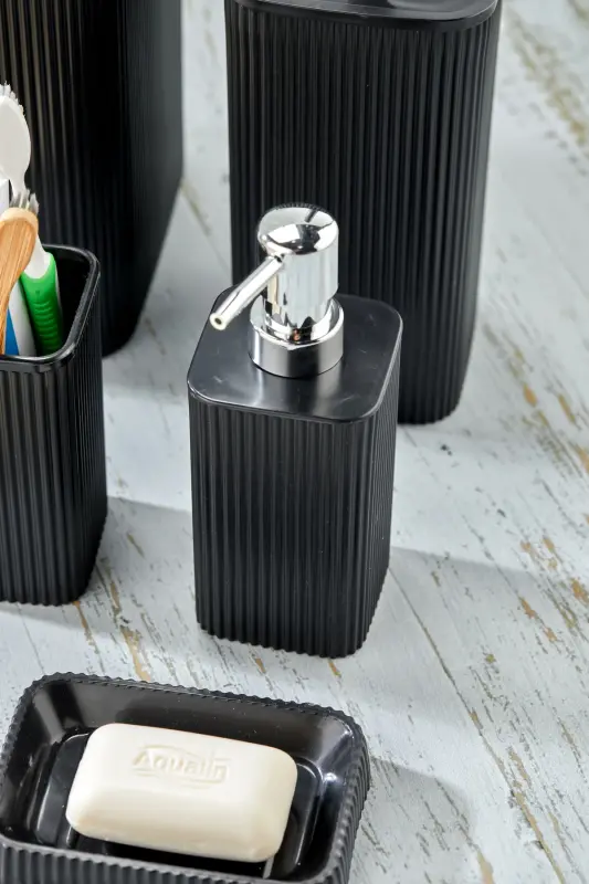 Line 5 Piece Square Bathroom Set - Trash Can, Toilet Brush, Liquid-Solid Soap Dispenser, Toothbrush Holder - 5