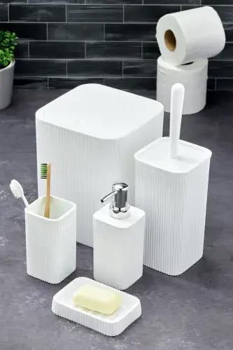 Line 5 Piece Square Bathroom Set - Trash Can Toilet Brush Liquid-Solid Soap Dispenser Toothbrush-White - 1