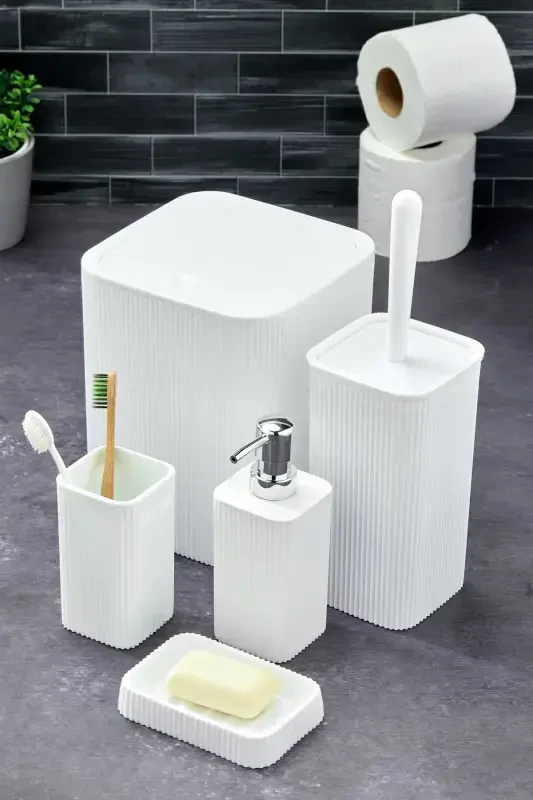 Line 5 Piece Square Bathroom Set - Trash Can Toilet Brush Liquid-Solid Soap Dispenser Toothbrush-White - 1