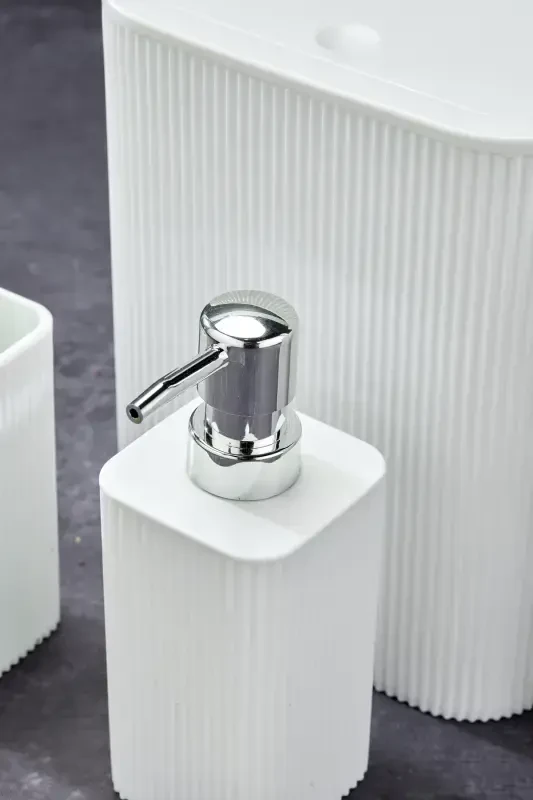 Line 5 Piece Square Bathroom Set - Trash Can Toilet Brush Liquid-Solid Soap Dispenser Toothbrush-White - 3