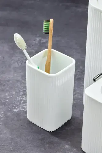 Line 5 Piece Square Bathroom Set - Trash Can Toilet Brush Liquid-Solid Soap Dispenser Toothbrush-White - 4