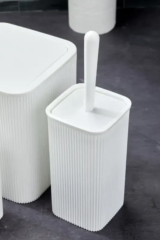 Line 5 Piece Square Bathroom Set - Trash Can Toilet Brush Liquid-Solid Soap Dispenser Toothbrush-White - 5