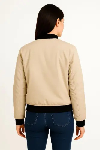 Lined and Zipped Bomber Jacket - Beige - 2