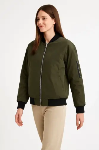 Lined and Zippered Bomber Jacket - Khaki - 2