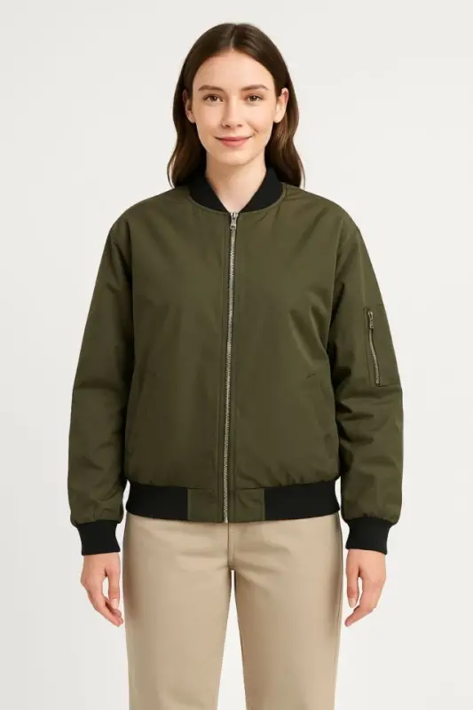 Lined and Zippered Bomber Jacket - Khaki - 3